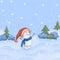 Cute illustration. Snowman walks in a snowy forest.