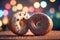 Cute image of the donut characters full of love and happiness. Abstract picture of romantic dinner. Food Character concept