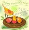 Cute image mothers day, vector image with bird mother and her bird baby and colored eggs in the nest