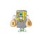 A cute image of parking ticket machine cartoon character holding money bags