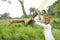 Cute indian child playing with his father on swing made by tyre and rope on tree at green field