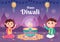 Cute Indian Kids Celebrating Diwali Day Holding Lanterns, lighting Fireworks and Mandala or Rangoli Art With the Background Vector