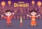 Cute Indian Kids Celebrating Diwali Day Holding Lanterns, lighting Fireworks and Mandala or Rangoli Art With the Background Vector