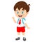 Cute Indonesian elementary school boy wearing red and white uniform waving hand