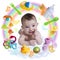 Cute infant baby with accessories in a rainbow