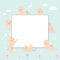 Cute infant baby frame template. Funny newborn children in different poses on doodle background