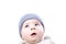 Cute inquisitive baby in a hat. Pensive little boy looking up