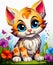 Cute inquisitive ginger kitten with big eyes. Cartoon style. Close-up.