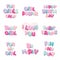 Cute inscription icons for girls. Cartoon glossy letters in pastel colors.