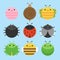 Cute insect animals round vector icon set