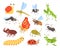 Cute insects. Cartoon bug and butterfly mascots. Ladybug and dragonfly. Colorful beetles and snail with happy faces