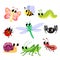 Cute insects cartoon. Butterfly, ant, ladybug, bee, spider, snail, caterpillar, dragonfly, grasshopper