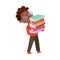 Cute Intelligent African American Boy in Glasses Carrying Stack of Books, Education and Knowledge Concept Cartoon Style