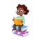 Cute Intelligent African American Girl in Glasses Sitting on Pile of Books and Reading, Education and Knowledge Concept