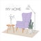 Cute interior with lavender armchair, indoor plant