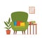 Cute interior with modern armchair, pillow, plant, wall picture, table, books, cup of tea or coffee. Cozy room design. Living room