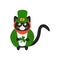 Cute irish black cat with a red beard, in a green jacket and a green leprechaun hat and shamrock