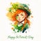 Cute Irish girl in a green leprechaun hat wishes Happy St. Patricks Day