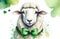 Cute Irish sheep with a green bow around its neck, free space for text, background illustration for St. Patrick\\\'s Day