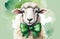 Cute Irish sheep with a green bow around its neck, free space for text, background illustration for St. Patrick\\\'s Day