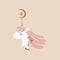 Cute isolated stylish boho moon unicorn face composition. Good night concept. Magical animals. Pastel colors. Pony nursery print.