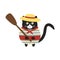 Cute italian cat gondolier in a striped T-shirt, a yellow hat and a red scarf around his neck, with paddle