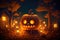 Cute Jack O Lantern pumpkins in the Halloween party at spooky black forest background. Horror and mystery concept. Generative AI