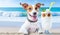 Cute jack russell dog with coctail relaxing on sandy beach near sea. Summer vacation with pet. Generative AI