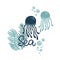 Cute jellyfish and lettering, fish animals, cartoon vector illustration