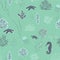 Cute jellyfish, starfish, seahorse, algae, corals, underwater bubbles seamless pattern. Collage, Cut paper effect in green, blue