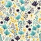 Cute and joyful blue floral pattern with detailed brushwork (tiled