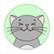 Cute Joyful, Happy Cat, Round Icon, Emoji. Gray Cat With Whiskers Smiles While Squinting, Fangs, Teeth. Vector Image Isolated