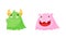 Cute joyful monsters. Happy funny green and pink monster and alien cartoon characters vector illustration