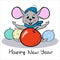 Cute joyful mouse for Christmas with huge Christmas ball. With the big apple and the words Happy New Year