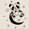 Cute joyful panda on moon. Vector illustration. Character - Cute animal. Linear hand drawing doodles for kids collection