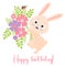 Cute joyful rabbit with big bouquet of flowers with ladybug. Vector illustration. Greeting card Happy Birthday. For