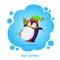 Cute jumping penguin in an elven hat and striped scarf. Merry Christmas greetings