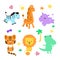 Cute jungle animal collection with funny elements as palm tree, grass, star, heart, bow.
