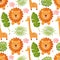 Cute jungle animals with palm leaf seamless pattern background. Pattern with giraffe and lion