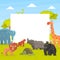 Cute Jungle Animals with White Empty Banner, Giraffe, Elephant, Lion, Monkey, Rhino, Orangutan, Turtle Standing Next to