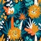 Cute jungle baby endless background. Vector seamless pattern with lions and tropical plants.