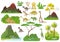 Cute jurassic dino cartoon character set, prehistoric nature, volcanoes, vector isolated illustration. Dinosaur era.