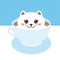 Cute Kawai cat in blue cup of froth art coffee, coffee art isolated on white background. Latte Art 3D. milk foam top on the cup o