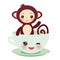 Cute Kawai pink cup with brown monkey isolated on white background. Vector illustration