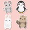 Cute kawaii animals stickers set. Vector illustration. Mouse, penguin, cat, rabbit