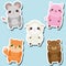 Cute kawaii animals stickers set. Vector illustration. Mouse, pig, sheep, fox, bear