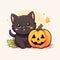 Cute Kawaii Anime Black Cat Pumpkin Halloween Illustration, Cartoon Funny Kitty in Autumn Fall Season, Witch Black Cat Mascot