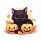 Cute Kawaii Anime Black Cat Pumpkin Halloween Illustration, Cartoon Funny Kitty in Autumn Fall Season, Witch Black Cat Mascot