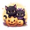 Cute Kawaii Anime Black Cat Pumpkin Halloween Illustration, Cartoon Funny Kitty in Autumn Fall Season, Witch Black Cat Mascot