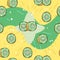 Cute, kawaii, anthropomorphic cartoon Kiwi seamless pattern with a green and yellow starburst background. Great for Spring, Summer